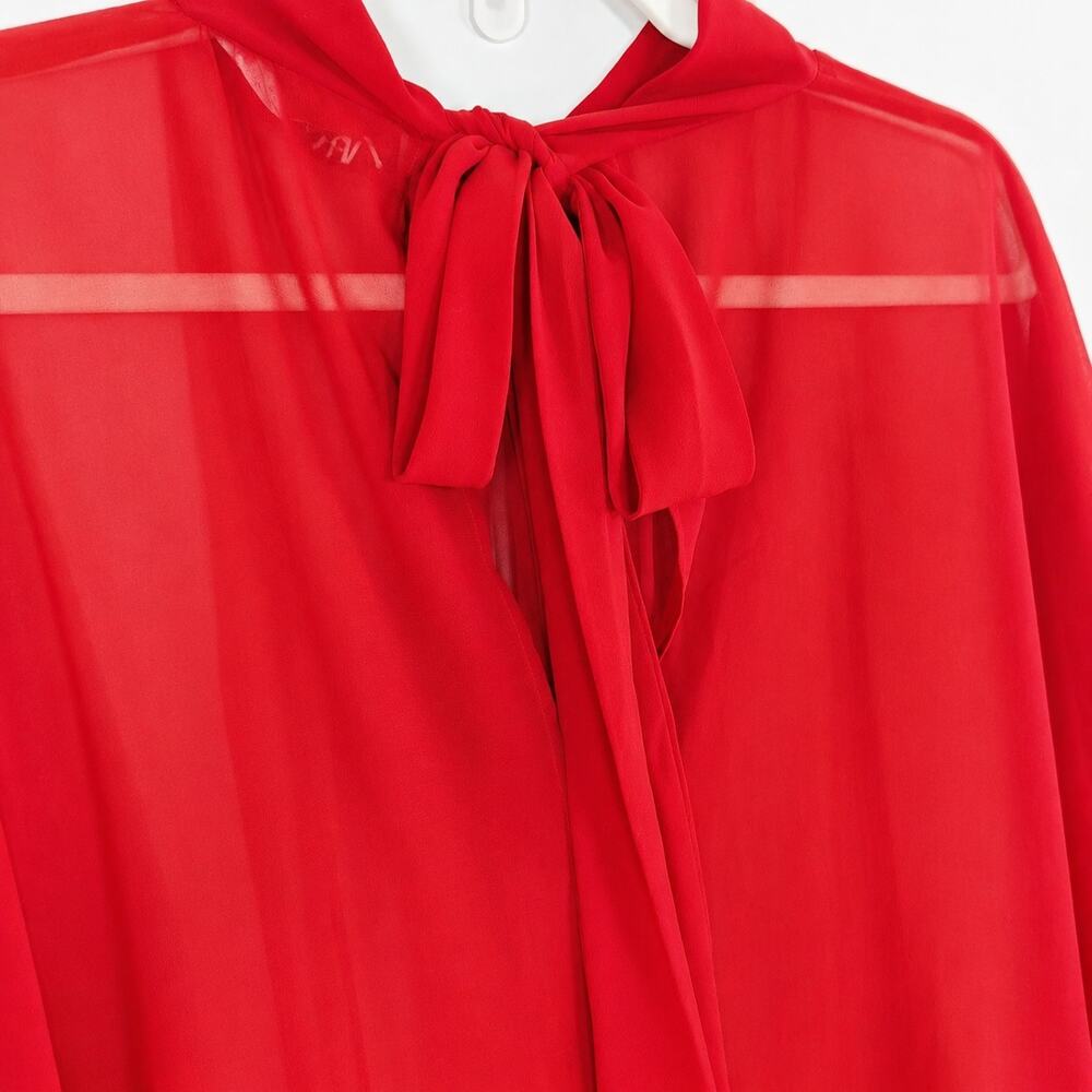 Zara Studio Sheer Tie Back Mock Neck Blouse Blood Red Asymmetrical Hem M - Picture 6 of 7